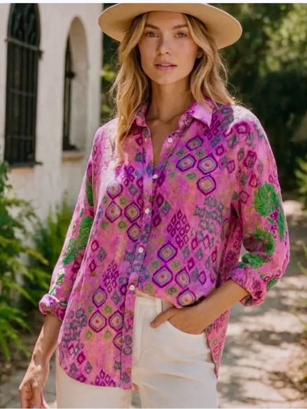 The Nu Vintage Vibrant Pink Button-Up Blouse Green Embroidery Eclectic NWT Boho